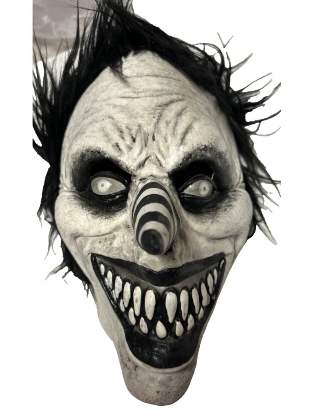 Scary Halloween Mask White Black Long Pointy Nose Black Hair Laughing Jack